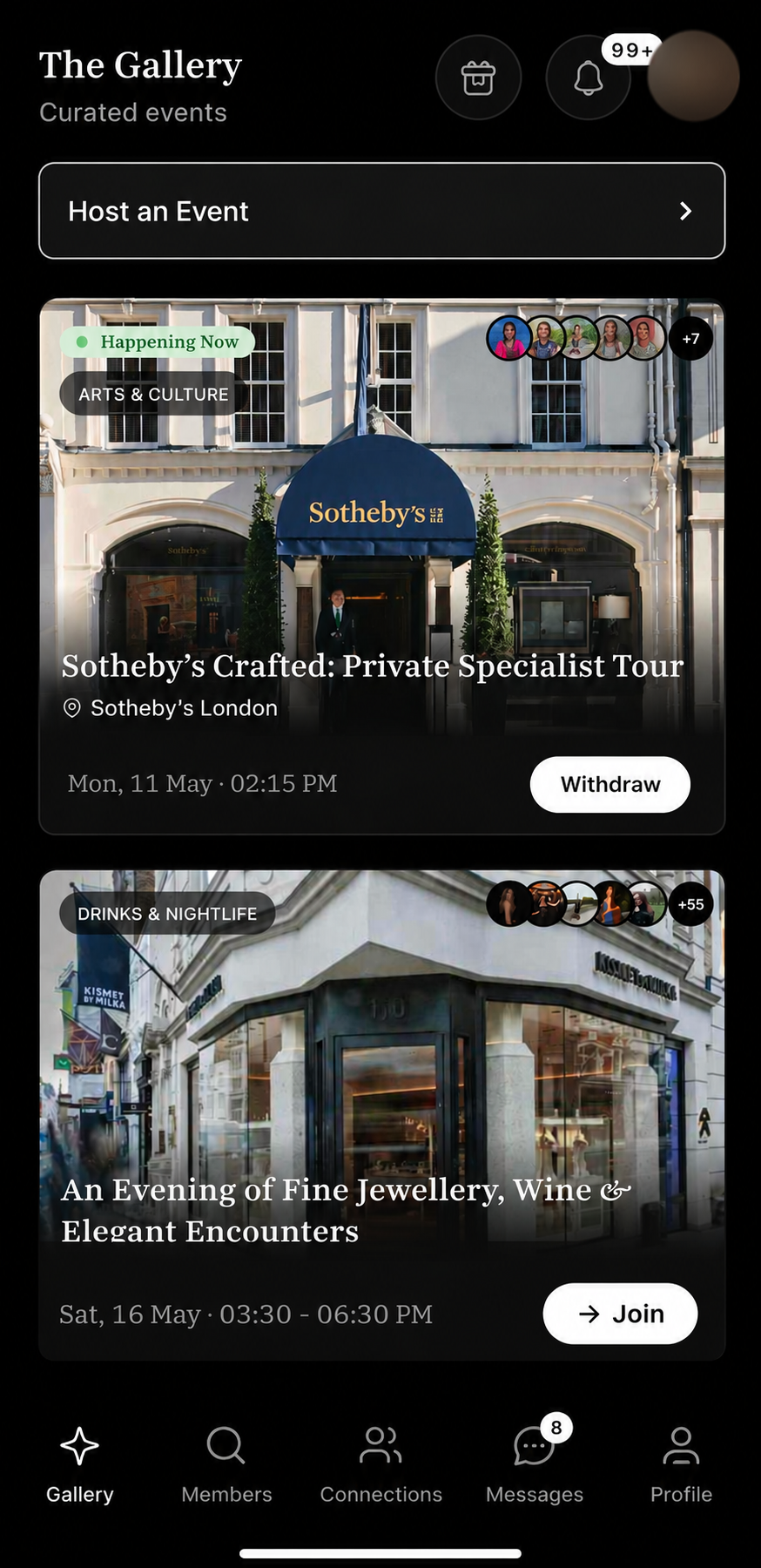 Gallery view showing upcoming events inside the Get2Gether app